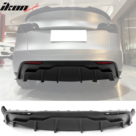 IKON MOTORSPORTS, Rear Diffuser Compatible With 2020-2023 Tesla Model Y, IKON Style PP Rear Bumper Lip Shark Fin Splitter 3PC, 2021