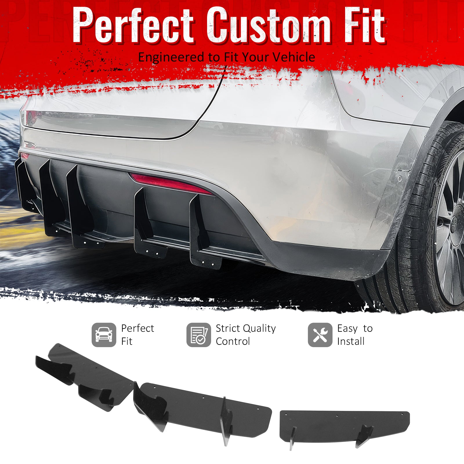 IKON MOTORSPORTS Rear Diffuser, Compatible with 2020-2025 Tesla Model Y (Not Fit Model Y Juniper), IKON Style Gloss Black ABS Shark Fin Rear Bumper Valance Spoiler, Air Dam Chin Splitter Molding 3PCS