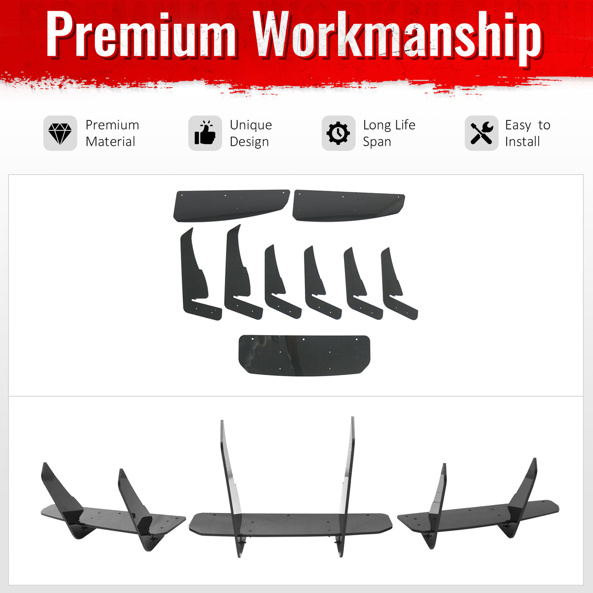 Fits 20-25 Tesla Model Y IKON Rear Bumper Lip Diffuser Shark Fin Gloss Black 3PC