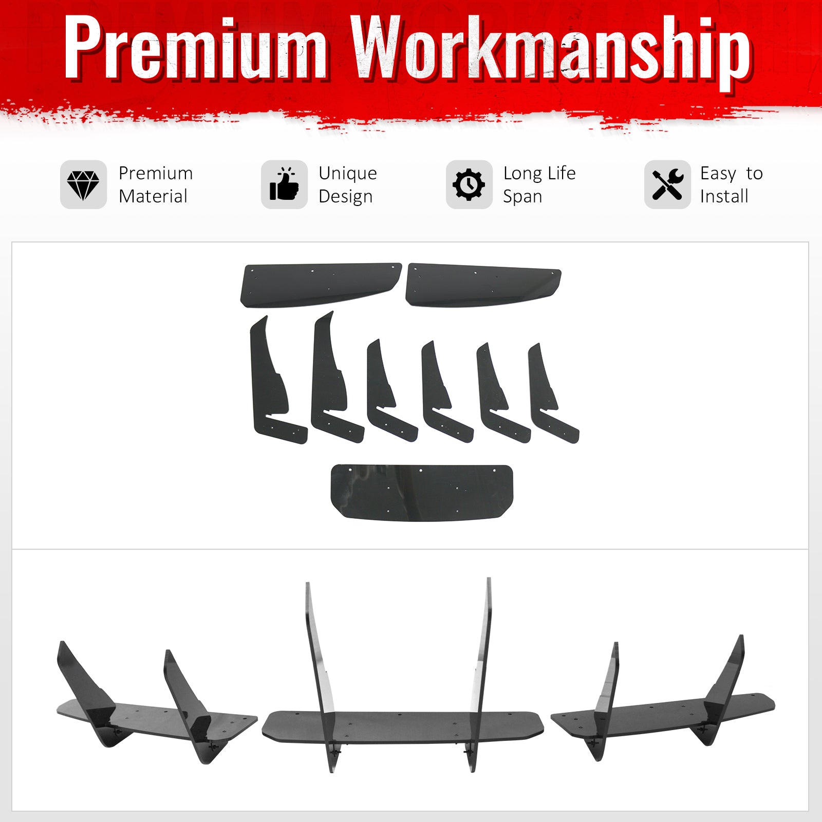 Fits 20-25 Tesla Model Y IKON Rear Bumper Lip Diffuser Shark Fin Gloss Black 3PC