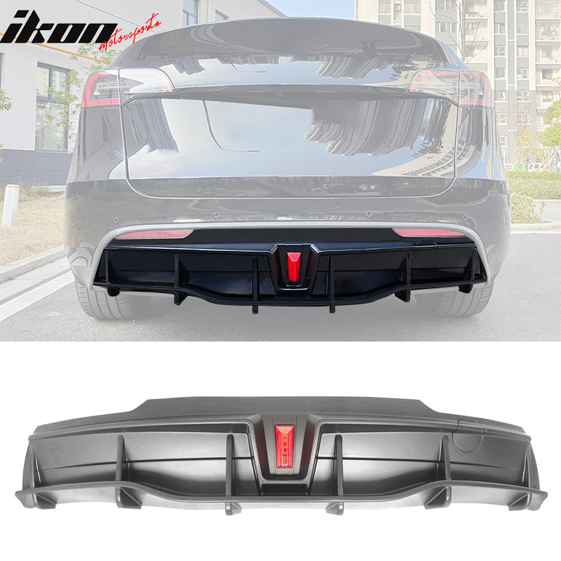 IKON MOTORSPORTS, Rear Diffuser Compatible With 2020-2023 Tesla Model Y Sport 4-Door, IKON Style PP Bumper Lip With Lamp