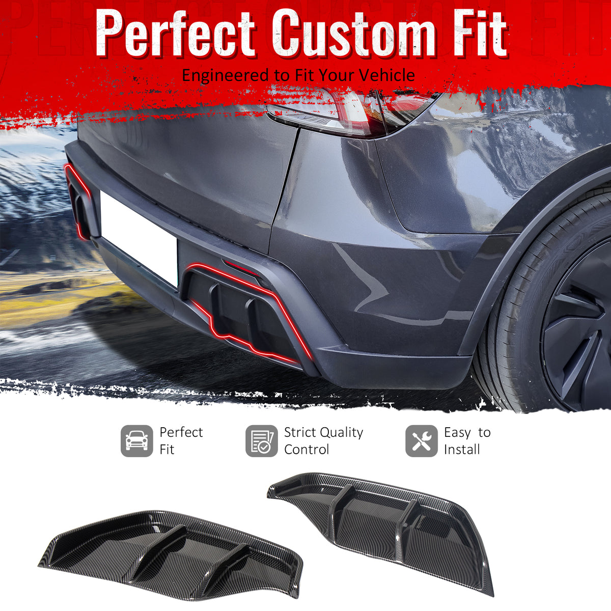 IKON MOTORSPORTS Rear Aprons, Compatible with 2025-2026 Tesla Model Y Juniper,  IKON Style PP Polypropylene PP Carbon Fiber Print Rear Bumper Lip Lower Side Spat Valance Winglet Canard Protector 2PCS