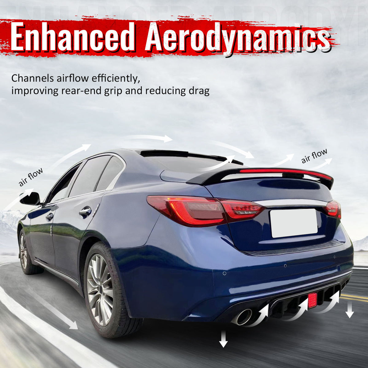 Fits 16-21 Tesla Model X LED Rear Bumper Diffuser Lip W/ 6-Fin PP Gloss Black