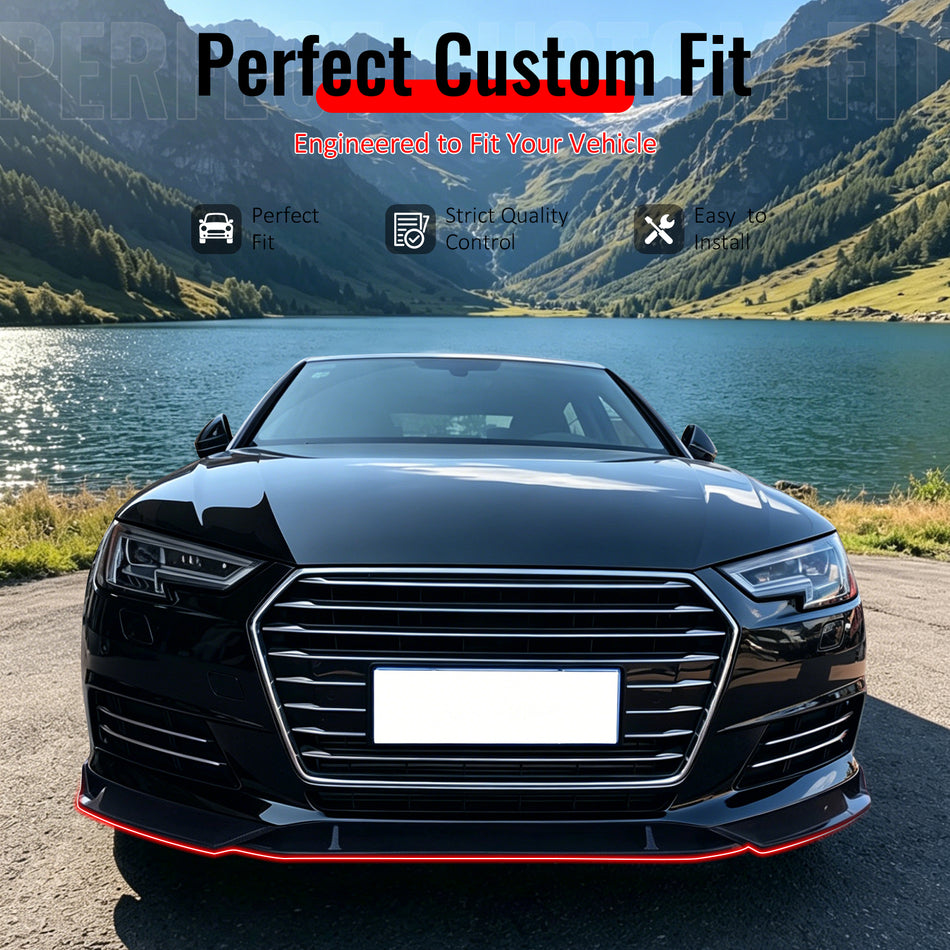 IKON MOTORSPORTS Front Bumper Lip, Compatible with 2017–2018 Audi B9 A4 & A4 Quattro Standard Bumper, IKON Style Gloss Black PP Polypropylene Add-on Air Dam Chin Spoiler Protector Splitter 3PCS