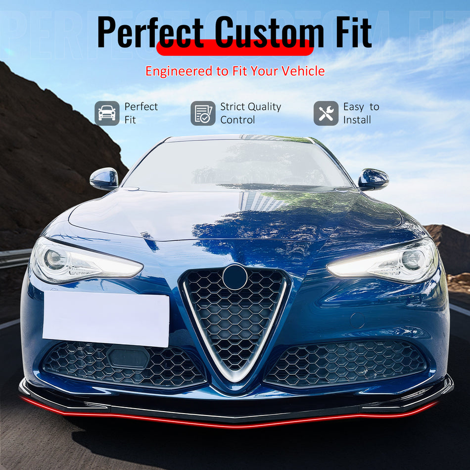 IKON MOTORSPORTS Front Bumper Lip, Compatible with 2017-2021 Alfa Romeo Giulia Standard Bumper, Gloss Black ABS IKON Style Air Dam Chin Spoiler Protector Splitter 3PCS