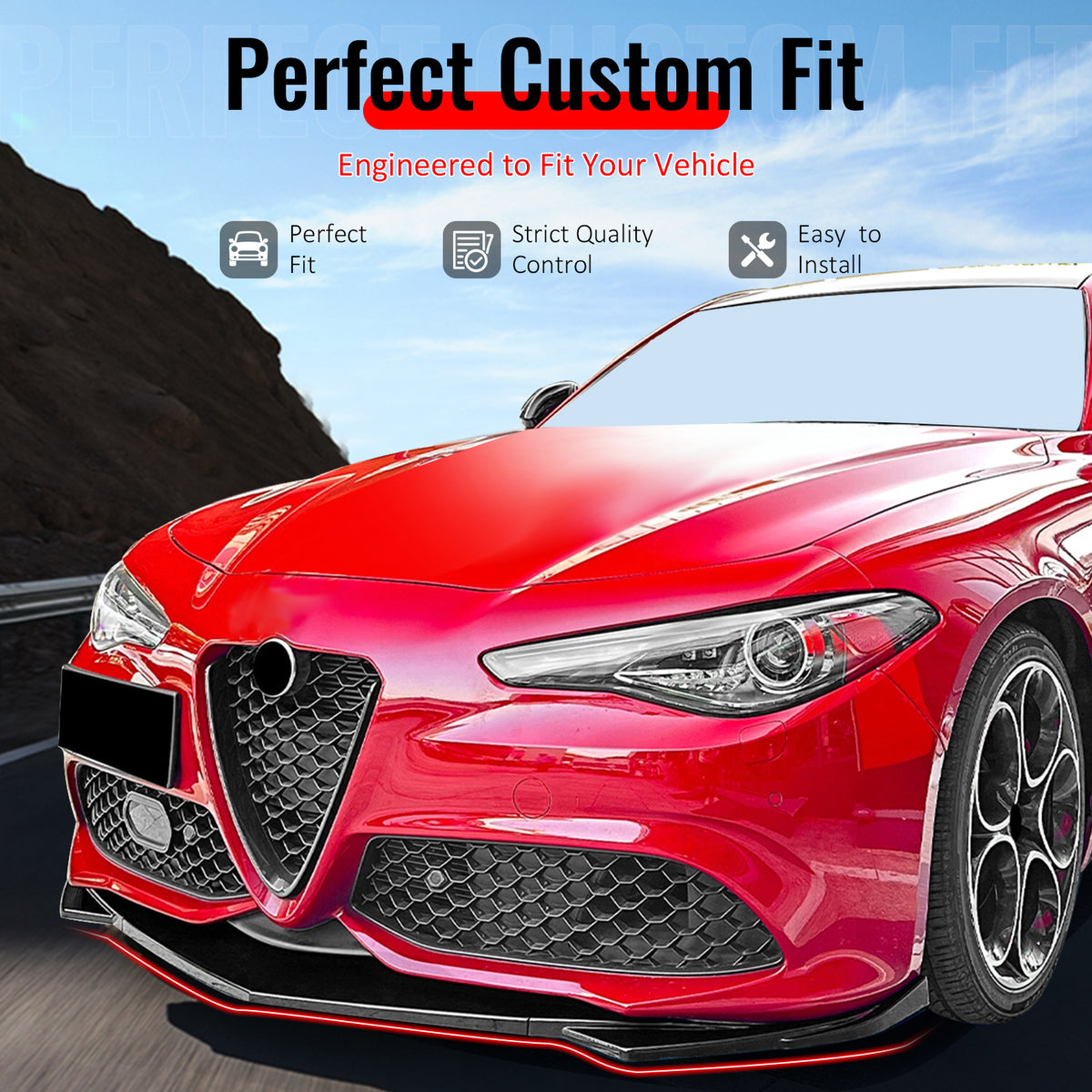 IKON MOTORSPORTS Front Bumper Lip, Compatible with 2017-2026 Alfa Romeo Giulia Sport Line Bumper, Gloss Black ABS IKON Style Air Dam Chin Spoiler Protector Splitter 3PCS