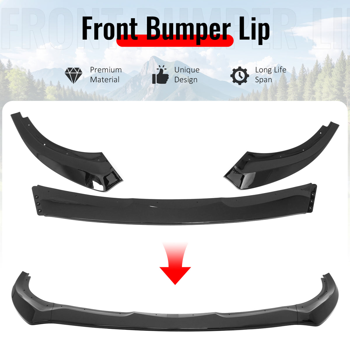 IKON MOTORSPORTS Front Bumper Lip, Compatible with 2017-2025 Alfa Romeo Giulia, FR Style Gloss Black PP Injection Air Dam Chin Spoiler Protector Splitter 3PCS