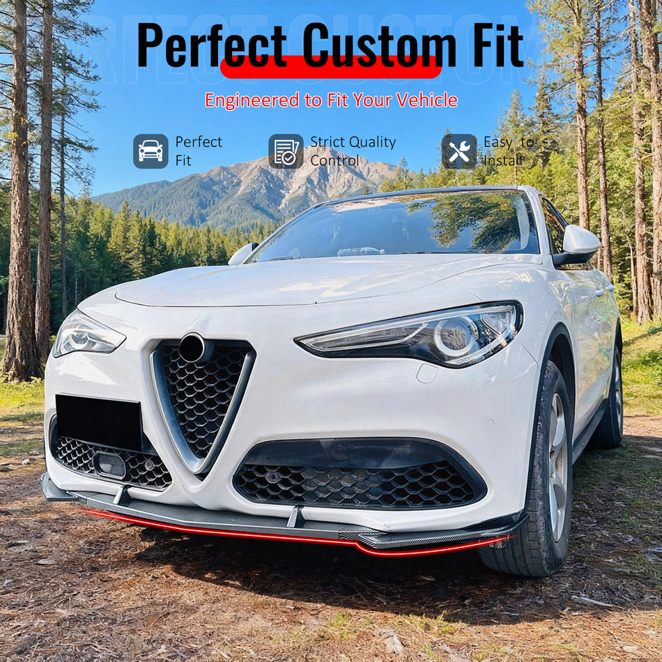 IKON MOTORSPORTS Front Bumper Lip, Compatible with 2017-2026 Alfa Romeo Stelvio, Carbon Fiber Print ABS IKON Style Air Dam Chin Spoiler Protector Splitter 3PCS