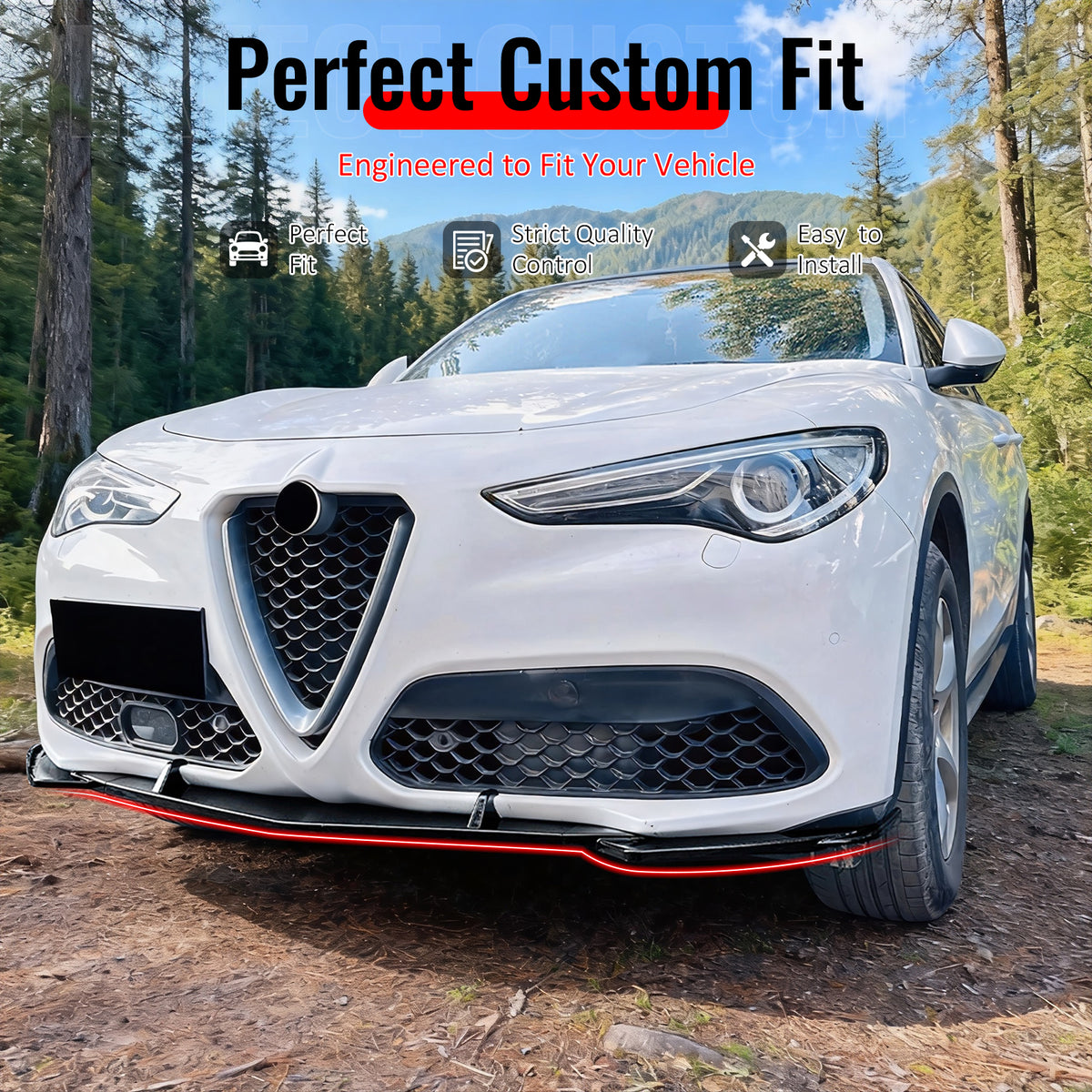 IKON MOTORSPORTS Front Bumper Lip, Compatible with 2017-2026 Alfa Romeo Stelvio, Gloss Black ABS IKON Style Air Dam Chin Spoiler Protector Splitter 3PCS
