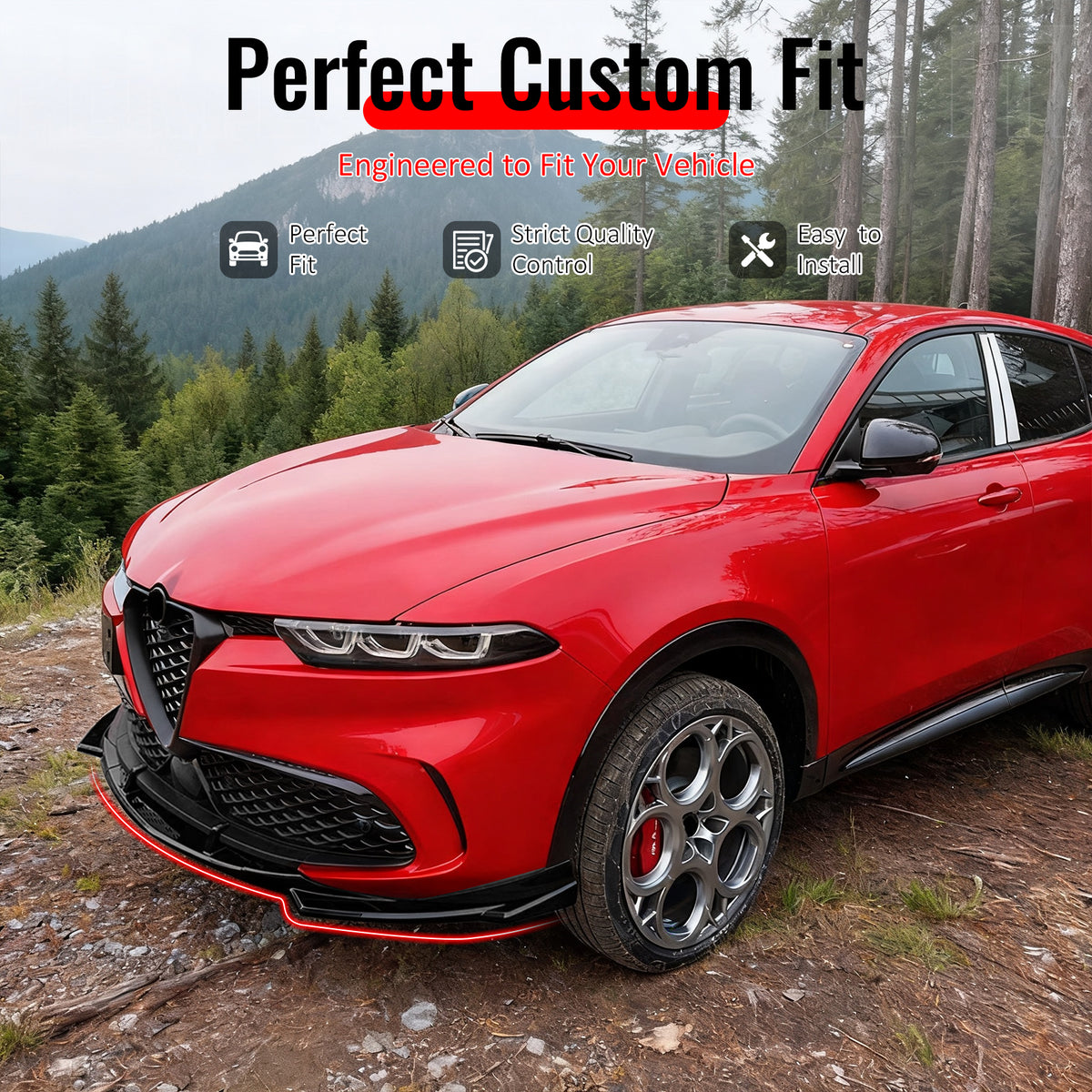 IKON MOTORSPORTS Front Bumper Lip, Compatible with 2023-2026 Alfa Romeo Tonale, Gloss Black ABS IKON Style Air Dam Chin Spoiler Protector Splitter 3PCS