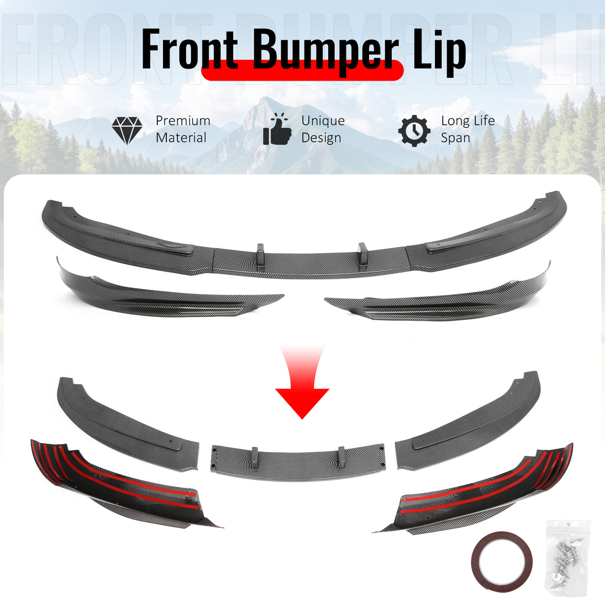 Fits 09-12 BMW E90 E91 LCI 3-Series Base MP Style Front Lip Carbon Fiber Print
