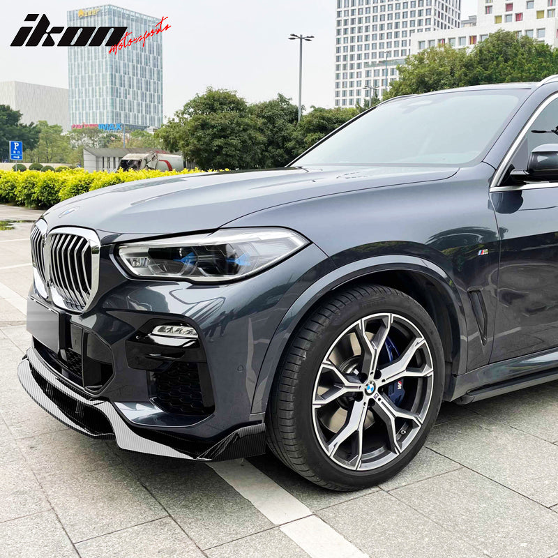 IKON MOTORSPORTS, Front Bumper Lip Compatible With 2019-2023 BMW G05 X5 M Sport, IKON Style Lower Valance Chin Lip Spoiler Splitter Protector 4PC, ABS Plastic Carbon Fiber Print