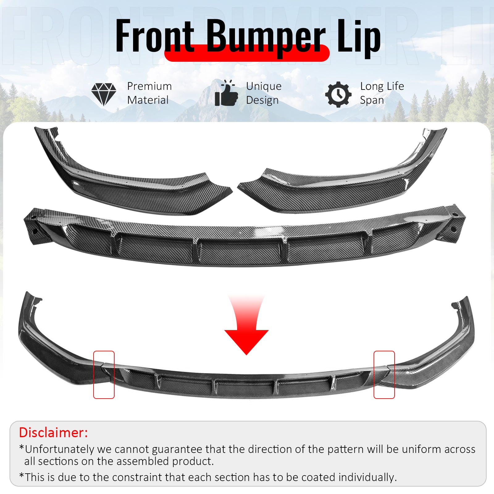 Fits 17-20 BMW G30 5 Series GT Front Bumper Lip Spoiler Carbon Fiber Print PP