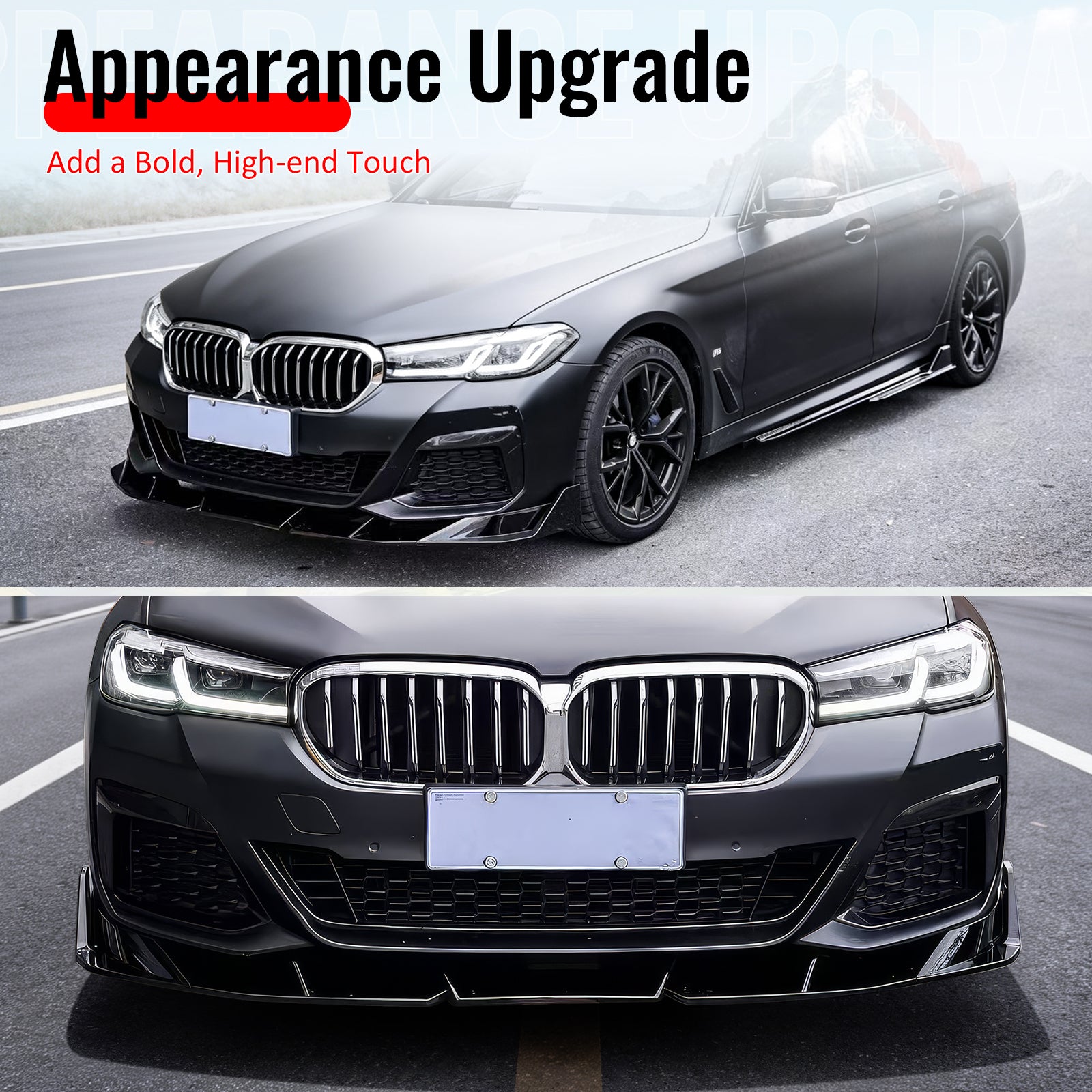 Fits 21-23 BMW 5 Series G30 M Sport IKON Style 3PCS Front Bumper Lip Gloss Black