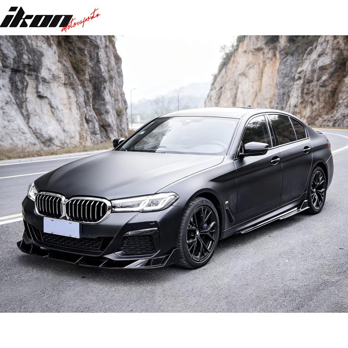 Fits 21-23 BMW 5 Series G30 M Sport IKON Style 3PCS Front Bumper Lip Gloss Black