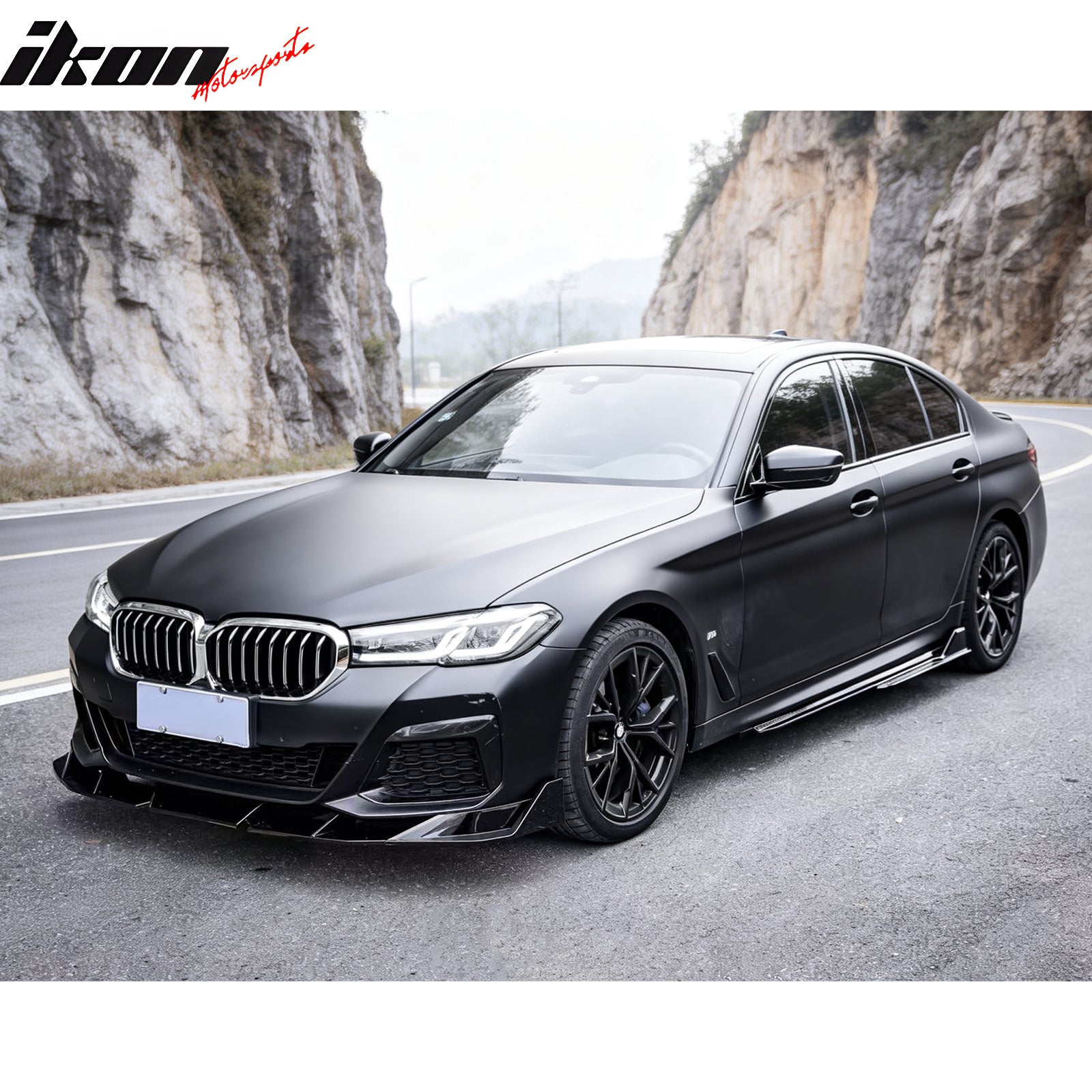 Fits 21-23 BMW 5 Series G30 M Sport IKON Style 3PCS Front Bumper Lip Gloss Black