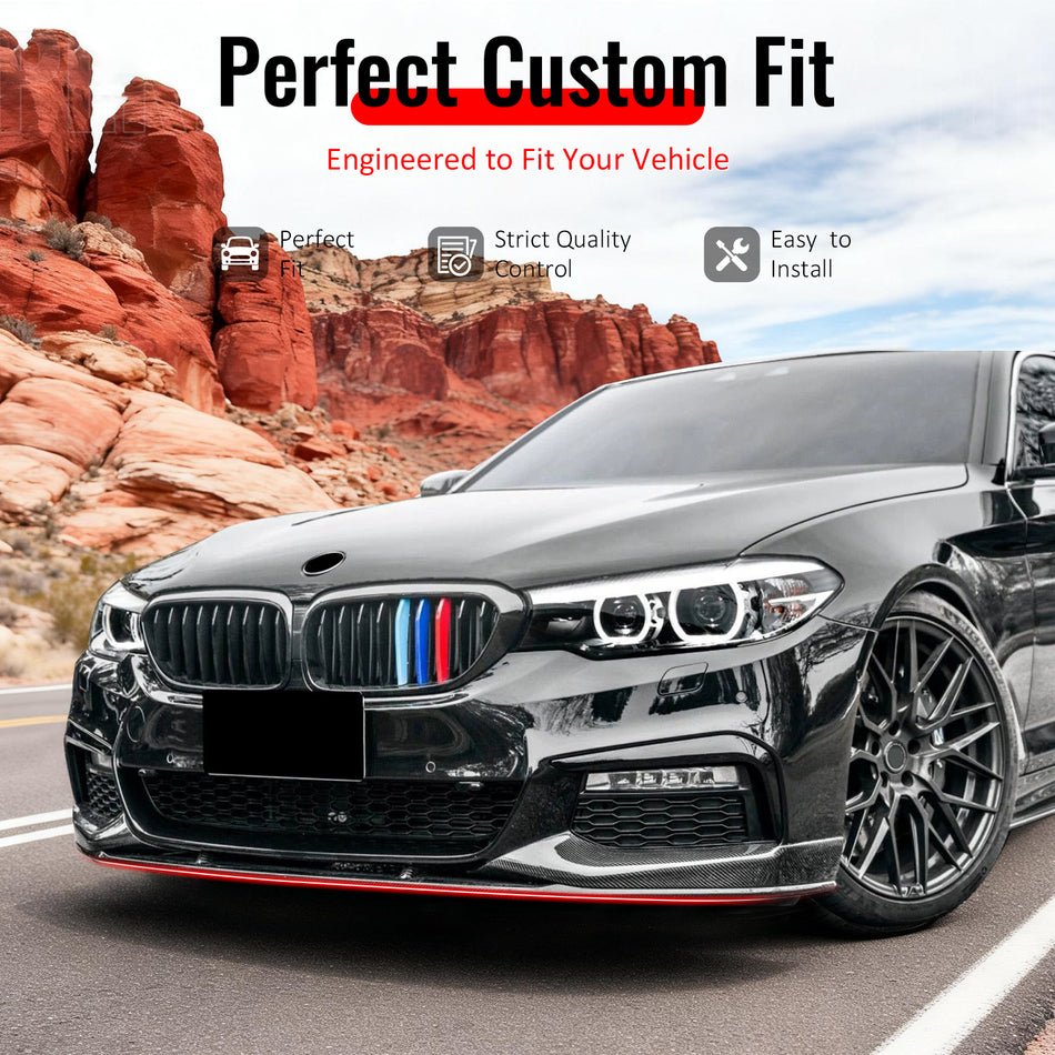 IKON MOTORSPORTS Front Bumper Lip, Compatible with 2017-2020 BMW G30 5 Series Sedan, MP Style Carbon Fiber Print ABS Plastic Add-on Air Dam Chin Spoiler Protector Splitter 4PCS