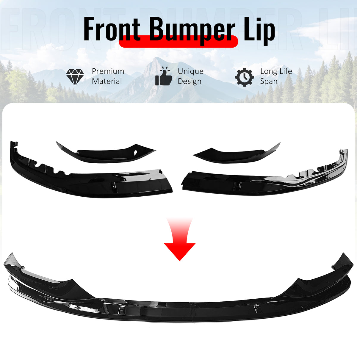 Fits 17-20 BMW G30 5 Series Sedan MP Front Bumper Lip Spoiler Gloss Black ABS