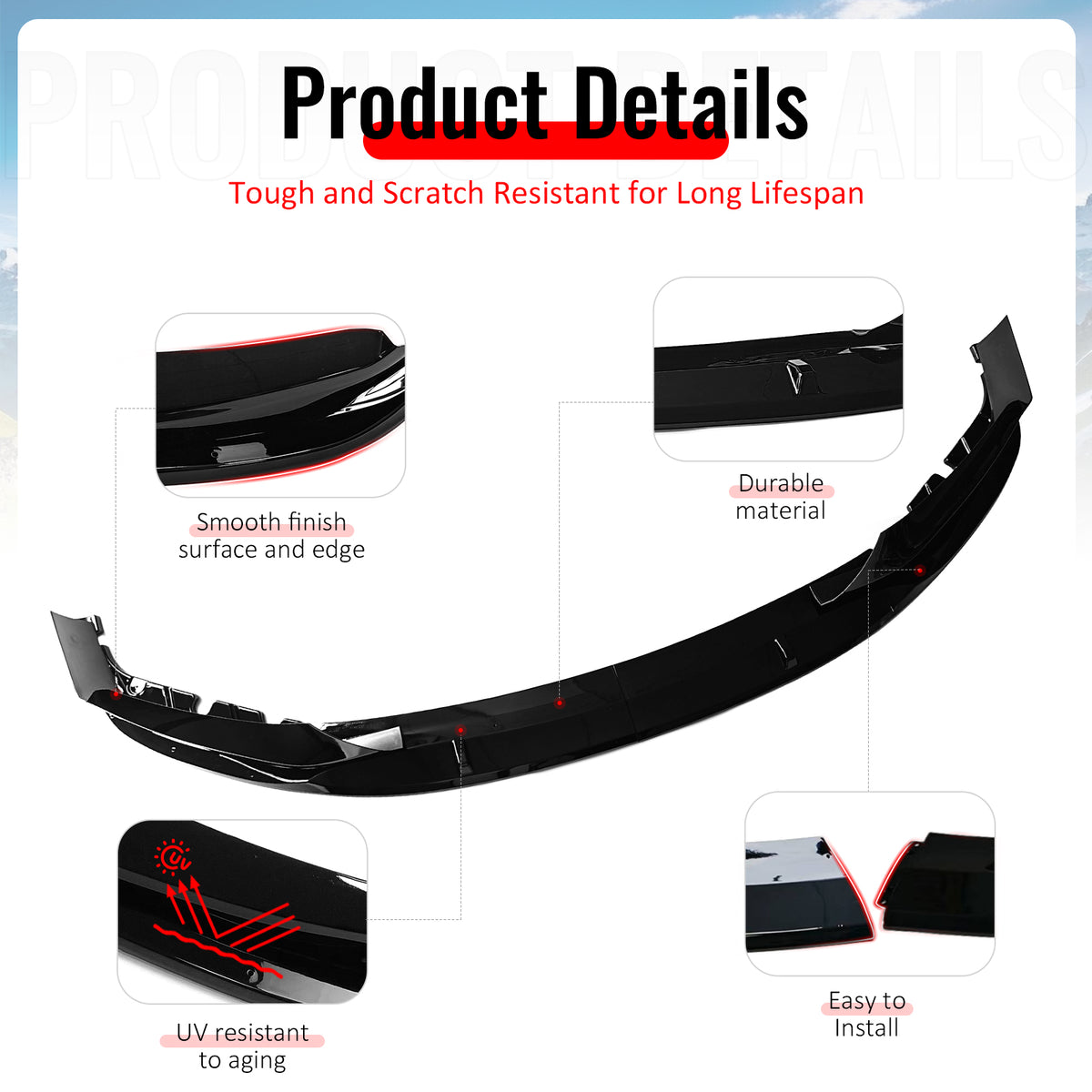 Fits 17-20 BMW G30 5 Series Sedan MP Front Bumper Lip Spoiler Gloss Black ABS