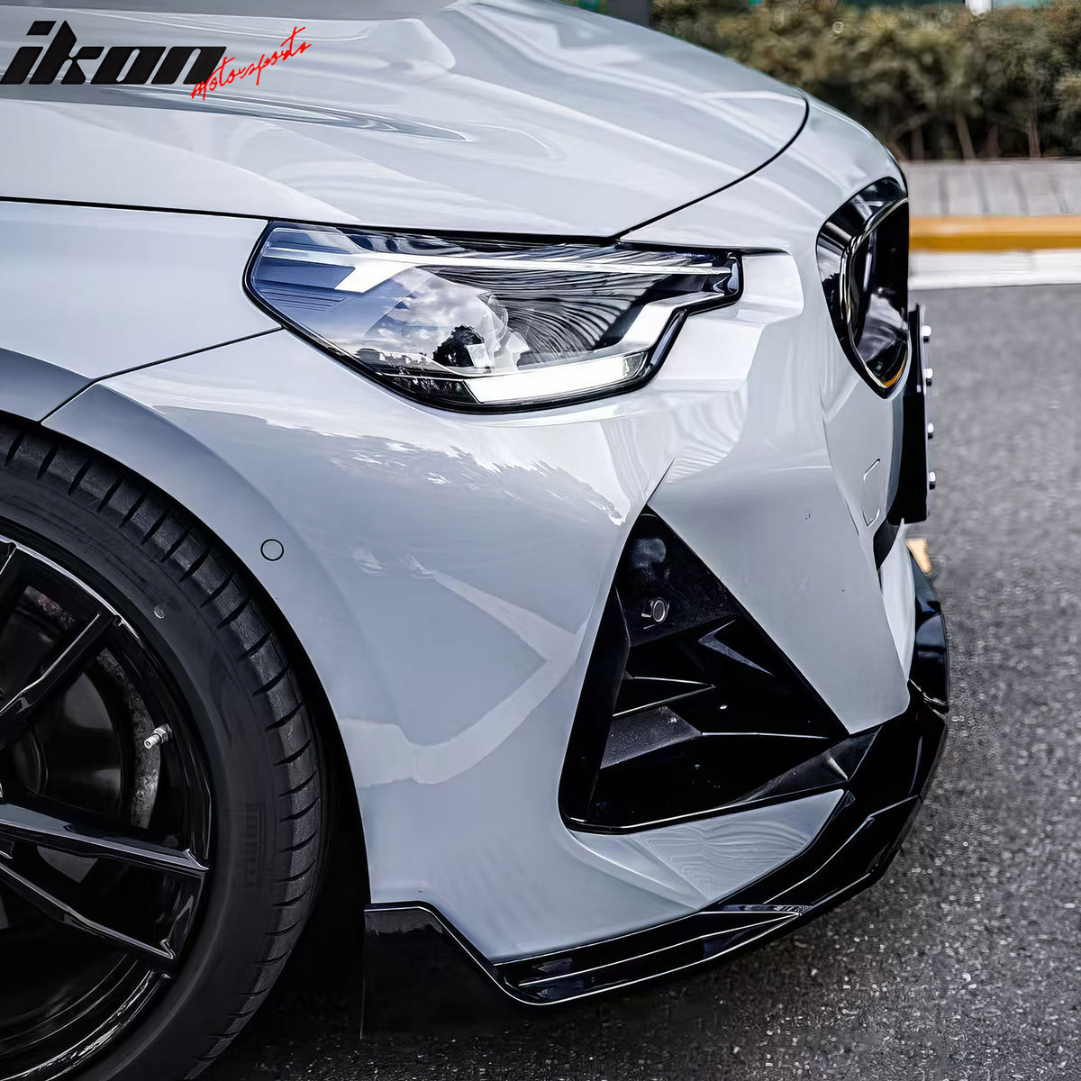 Fits 22-26 BMW 2-Series G42 IKON Front Bumper Lip Chin Spoiler Gloss Black ABS