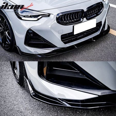 Fits 22-26 BMW 2-Series G42 IKON Front Bumper Lip Chin Spoiler Gloss Black ABS