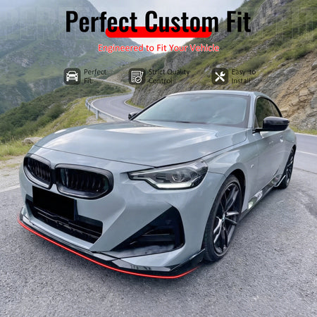 IKON MOTORSPORTS Front Bumper Lip, Compatible with 2022-2026 BMW G42 2-Series 220i 230i xDrive M Sport & M240i, MP Performance Style Gloss Black ABS Add-on Air Dam Chin Spoiler Protector Splitter 3PCS