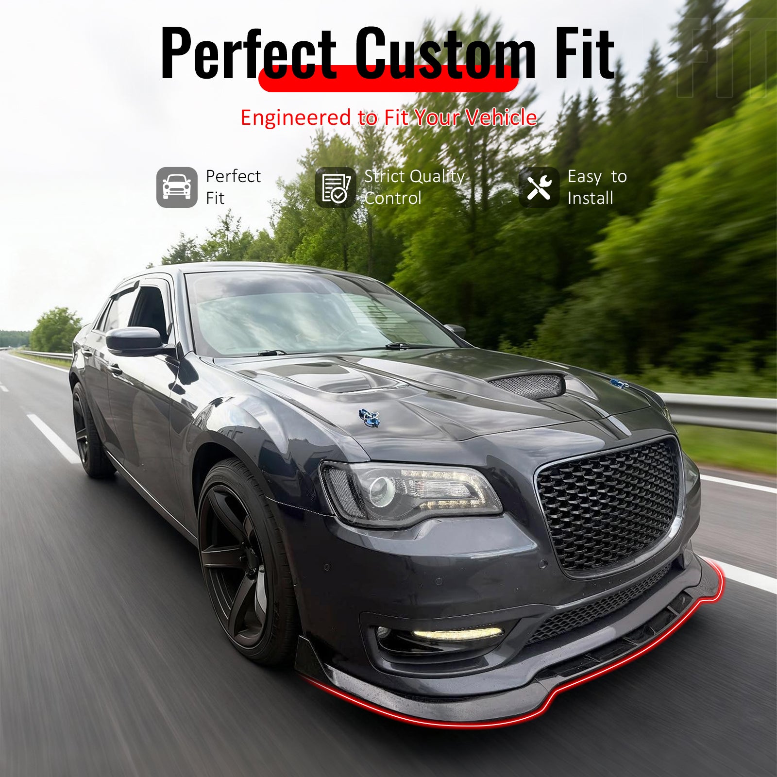 IKON MOTORSPORTS Front Bumper Lip, Compatible with 2015-2023 Chrysler 300, SRT Style Gloss Black ABS Injection Add-on Air Dam Chin Spoiler Protector Splitter 3PCS