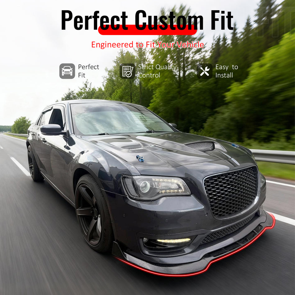 IKON MOTORSPORTS Front Bumper Lip, Compatible with 2015-2023 Chrysler 300, SRT Style Gloss Black ABS Injection Add-on Air Dam Chin Spoiler Protector Splitter 3PCS