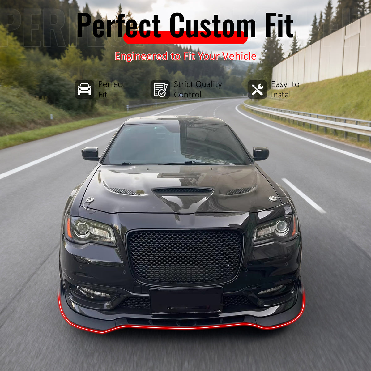 IKON MOTORSPORTS Front Bumper Lip, Compatible with 2015-2023 Chrysler 300, SRT Style Matte Black ABS Injection Add-on Air Dam Chin Spoiler Protector Splitter 3PCS