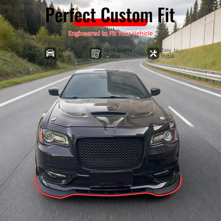 IKON MOTORSPORTS Front Bumper Lip, Compatible with 2015-2023 Chrysler 300, SRT Style Matte Black ABS Injection Add-on Air Dam Chin Spoiler Protector Splitter 3PCS