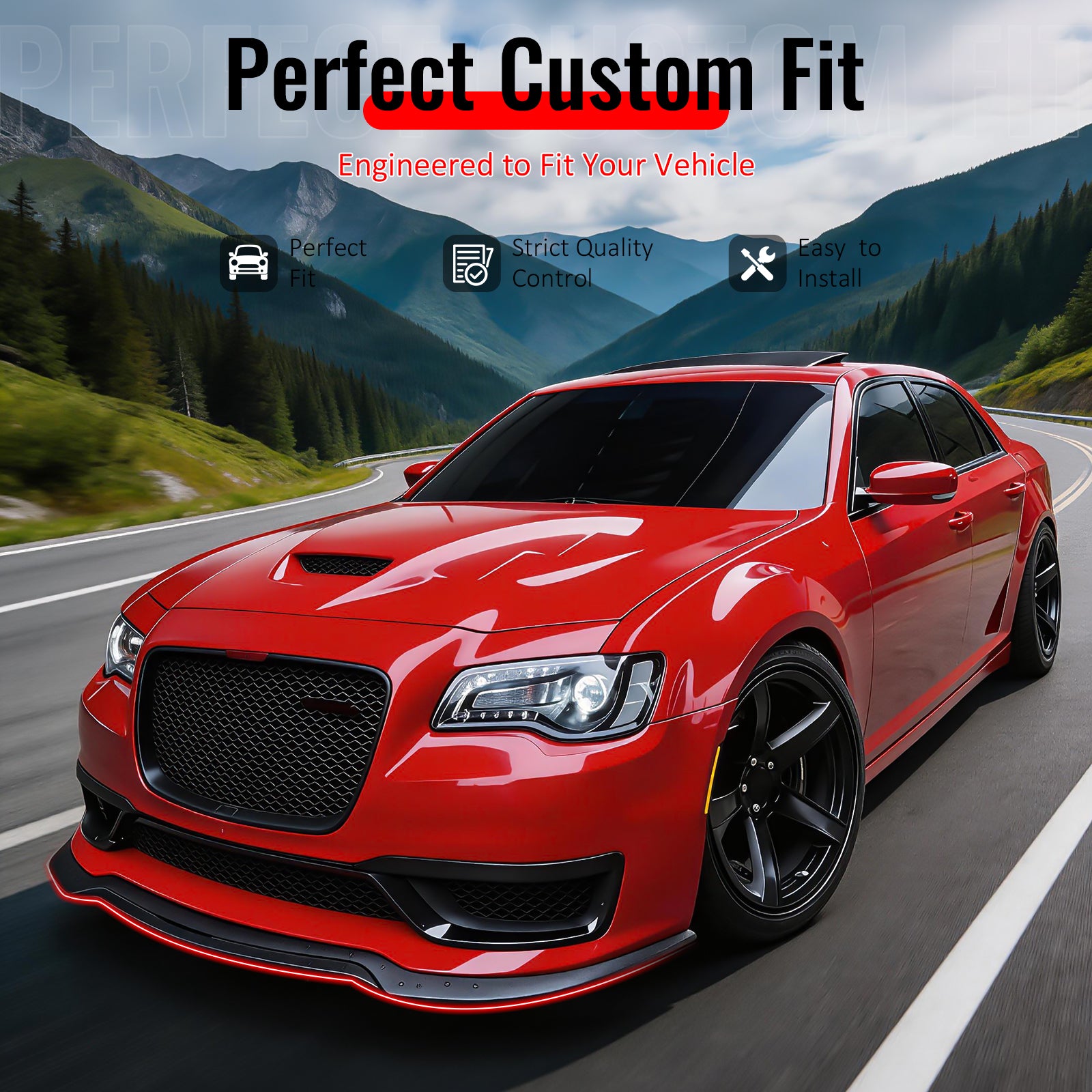 IKON MOTORSPORTS Front Bumper Lip, Compatible with 2015-2023 Chrysler 300 SRT, IKON Style Gloss Black PP Polypropylene Add-on Air Dam Chin Spoiler Protector Splitter 3PCS