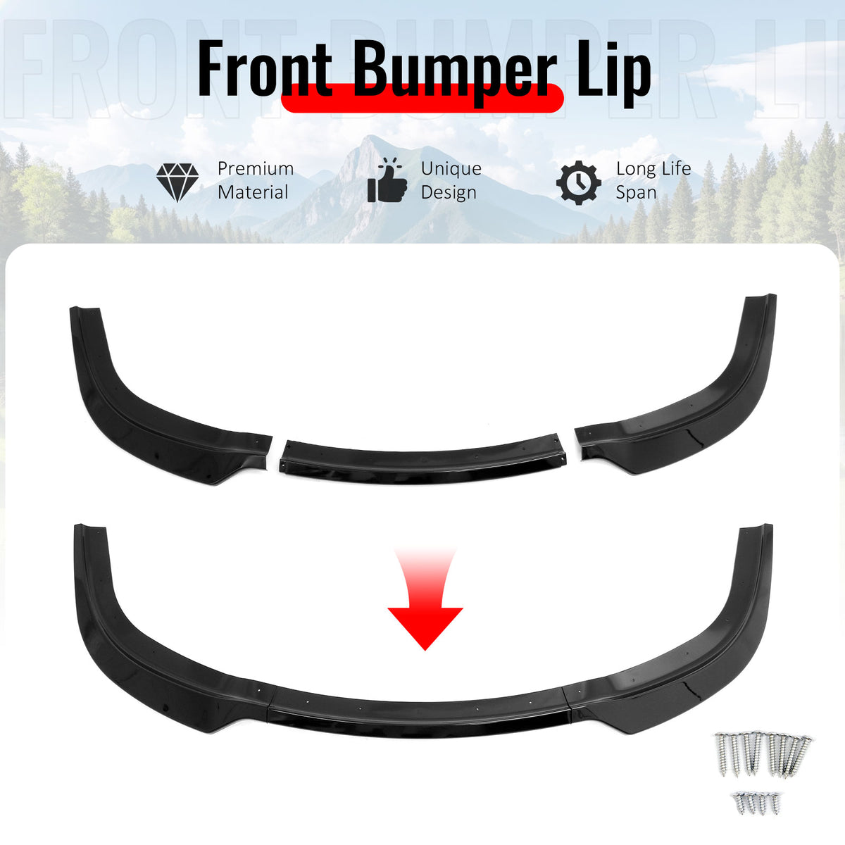 Fits 15-23 Chrysler 300 V Style Front Bumper Lip Spoiler Gloss Black PP 3PCS Set