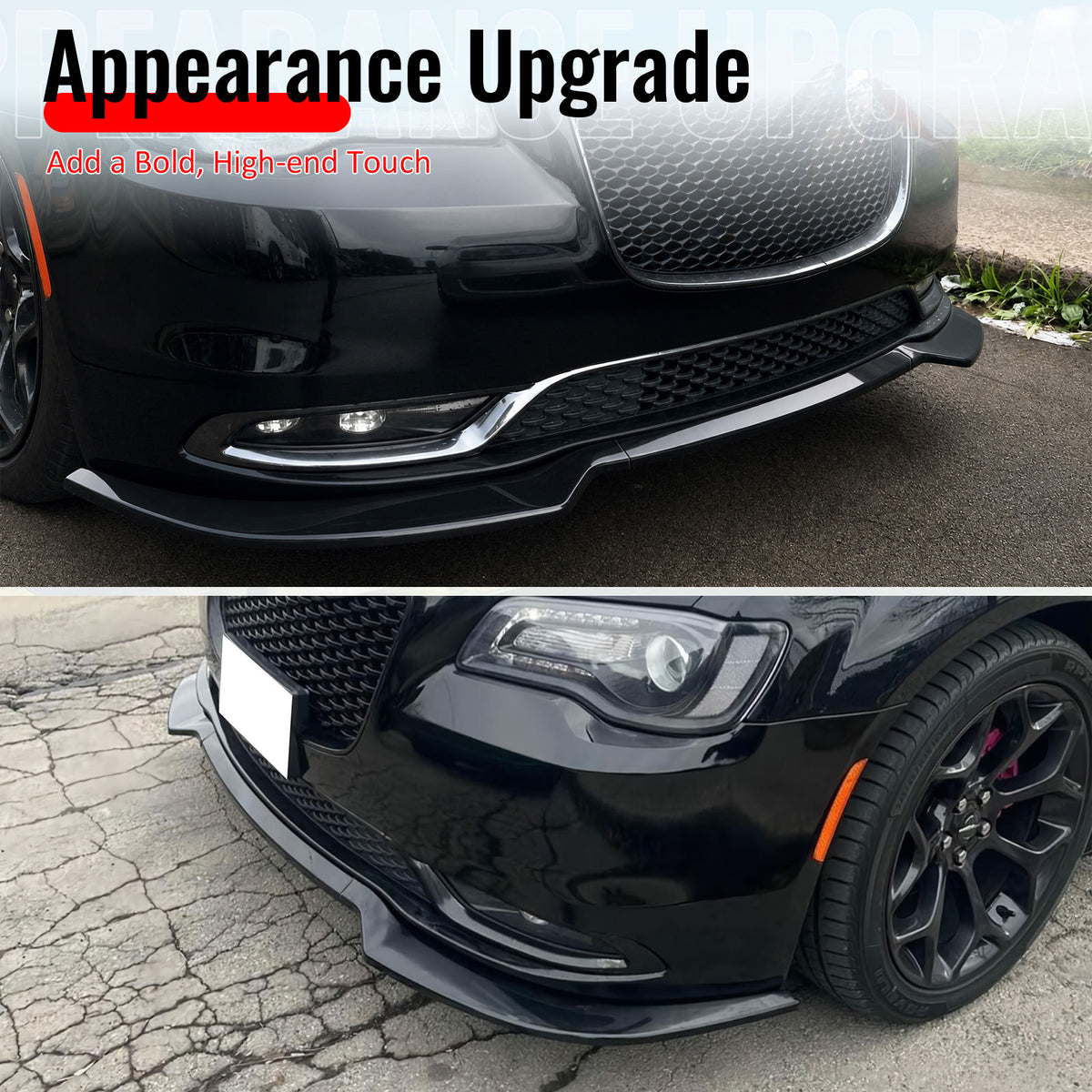 Fits 15-23 Chrysler 300 V Style Front Bumper Lip Spoiler Gloss Black PP 3PCS Set