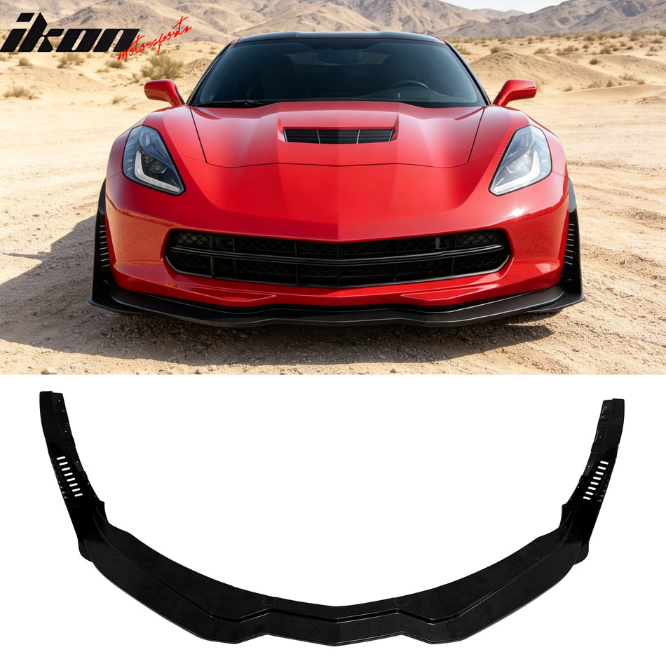 2014-2019 Chevrolet Corvette C7 Stingray & Z51 5PCS Front Lower Bumper Lip Air Dam Chin Spoiler Splitter + Winglets IKON Style Gloss Black ABS