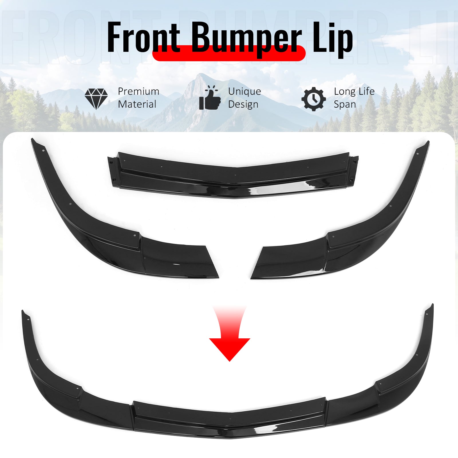 Fits 05-13 Chevrolet Corvette C6 Base ZR1 Style Front Bumper Lip Gloss Black 3PC
