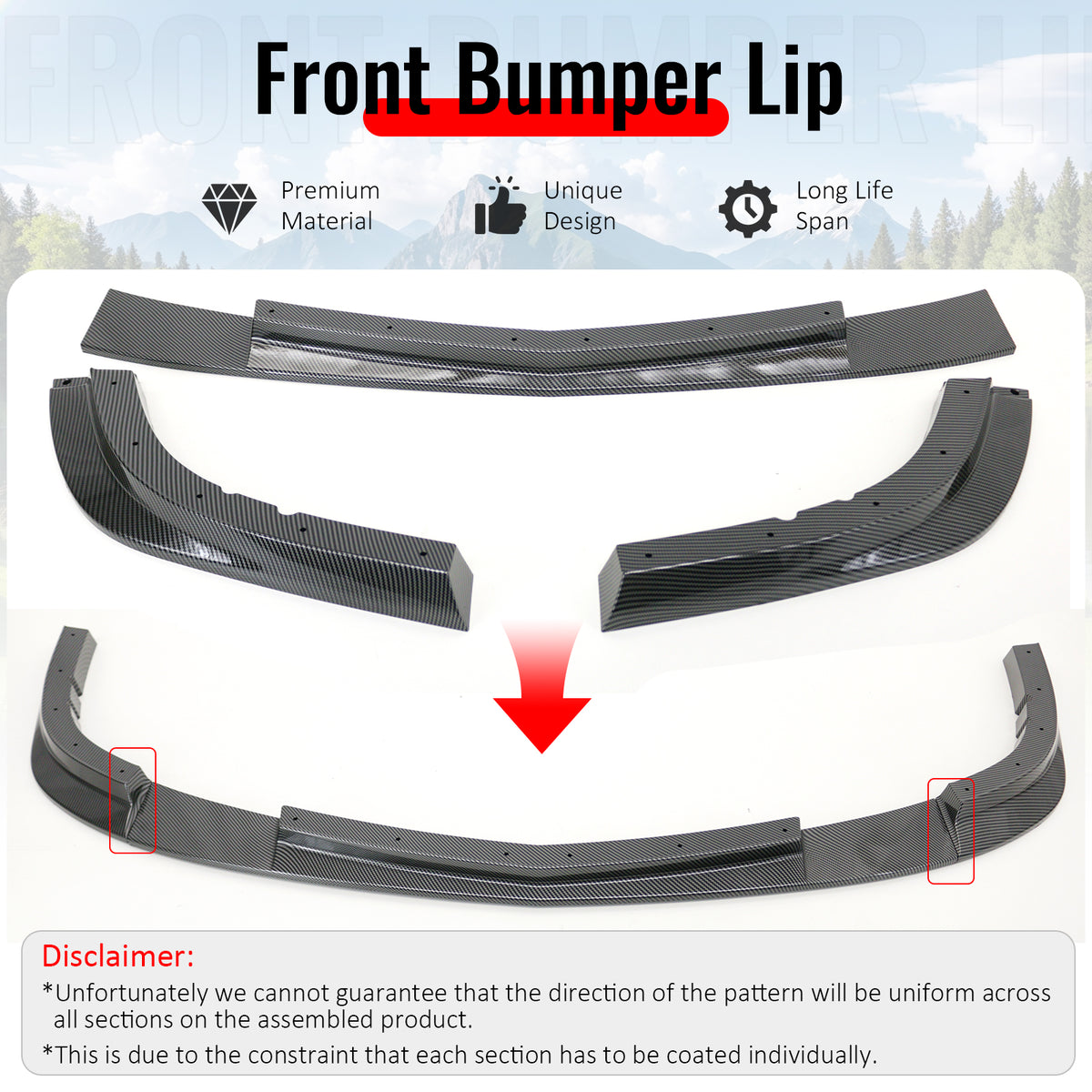 Fits 06-13 Corvette C6 Front Bumper Lip ZR1 Style 3PC Spoiler Carbon Fiber Print