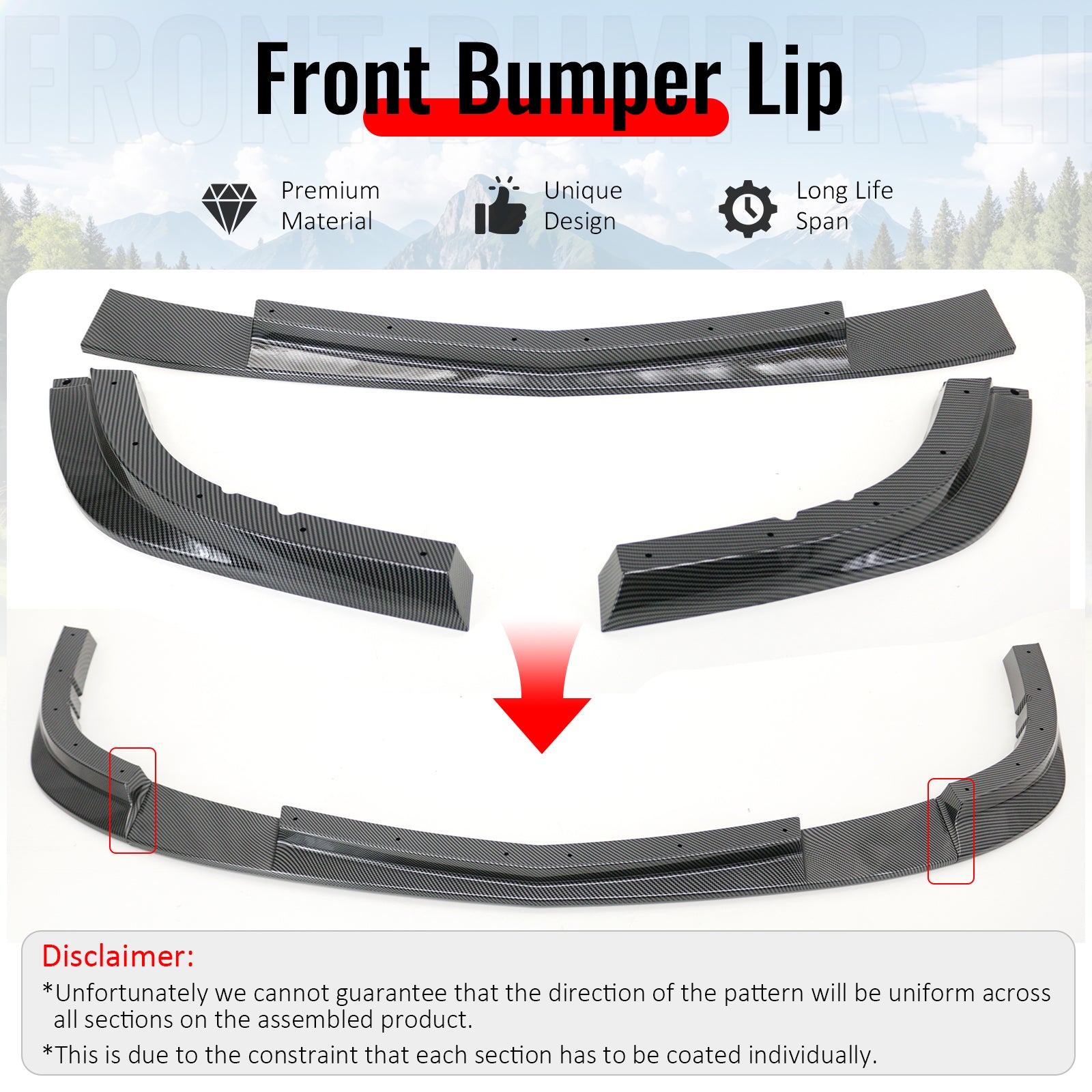 Fits 06-13 Corvette C6 Front Bumper Lip ZR1 Style 3PC Spoiler Carbon Fiber Print