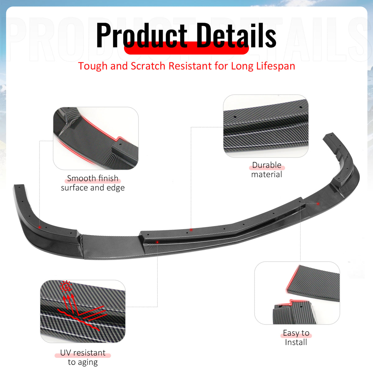 Fits 06-13 Corvette C6 Front Bumper Lip ZR1 Style 3PC Spoiler Carbon Fiber Print