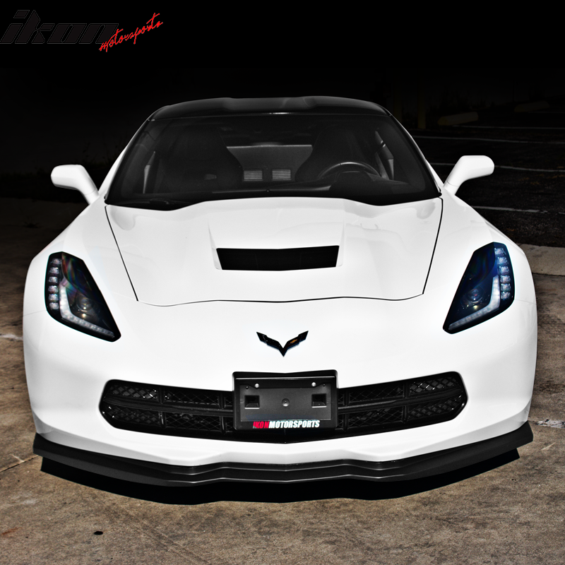 Front Bumper Lip Compatible With 2014-2019 Chevy Corvette C7, ST Style Black PU Front Lip Finisher Under Chin Spoiler Add On by IKON MOTORSPORTS, 2015 2016 2017 2018