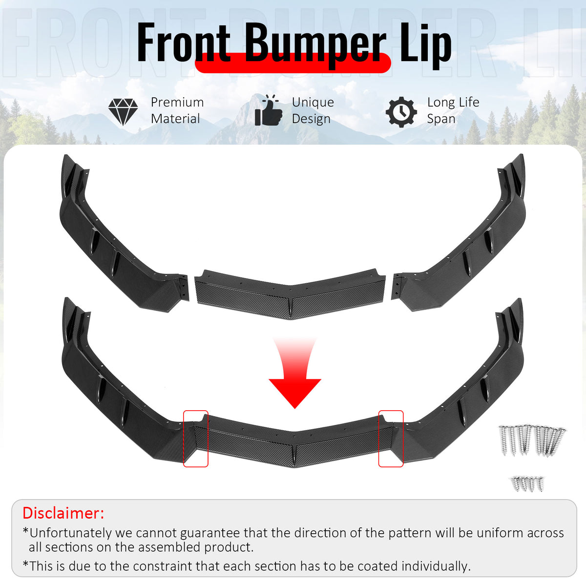 Fits 20-26 Chevy Corvette C8 Stingray/Z51 Front Bumper Lip Carbon Fiber Look 3PC