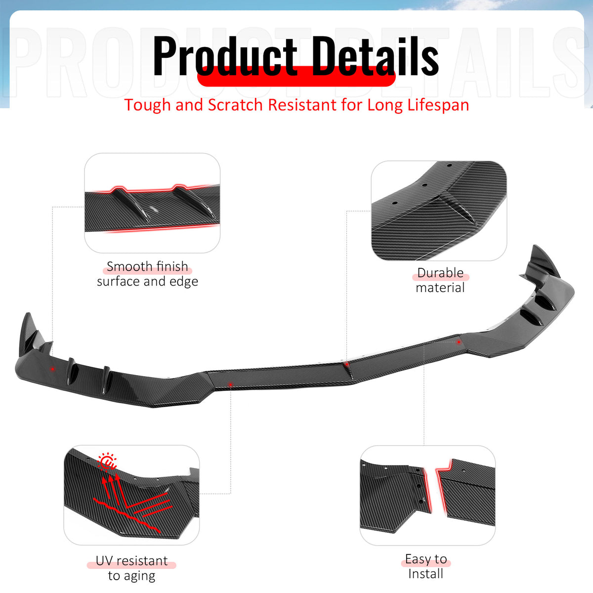 Fits 20-26 Chevy Corvette C8 Stingray/Z51 Front Bumper Lip Carbon Fiber Look 3PC