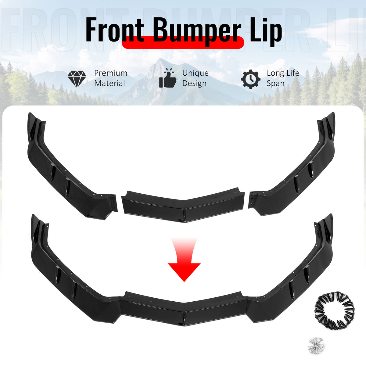 Fits 20-26 Chevy Corvette C8 Stingray/Z51 Front Bumper Lip Gloss Black PP 3PCS