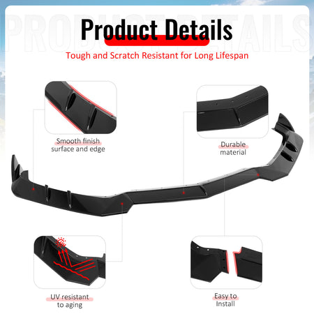 Fits 20-26 Chevy Corvette C8 Stingray/Z51 Front Bumper Lip Gloss Black PP 3PCS