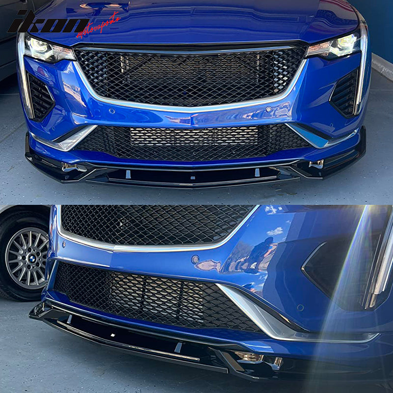 IKON MOTORSPORTS, 3PCS Front Bumper Lip Compatible With 2020-2022 Cadillac CT4, Front Bumper Lip Spoiler Splitter Kit IKON Style PP Polypropylene Painted