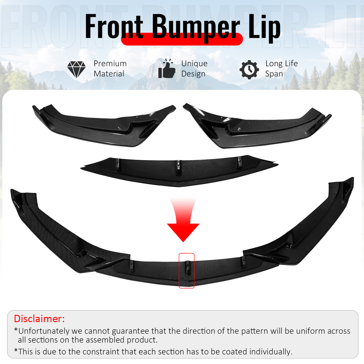 Fits 25-26 Cadillac CT5 Luxury Carbon Fiber Print Front Bumper Lip Spoiler 3PC