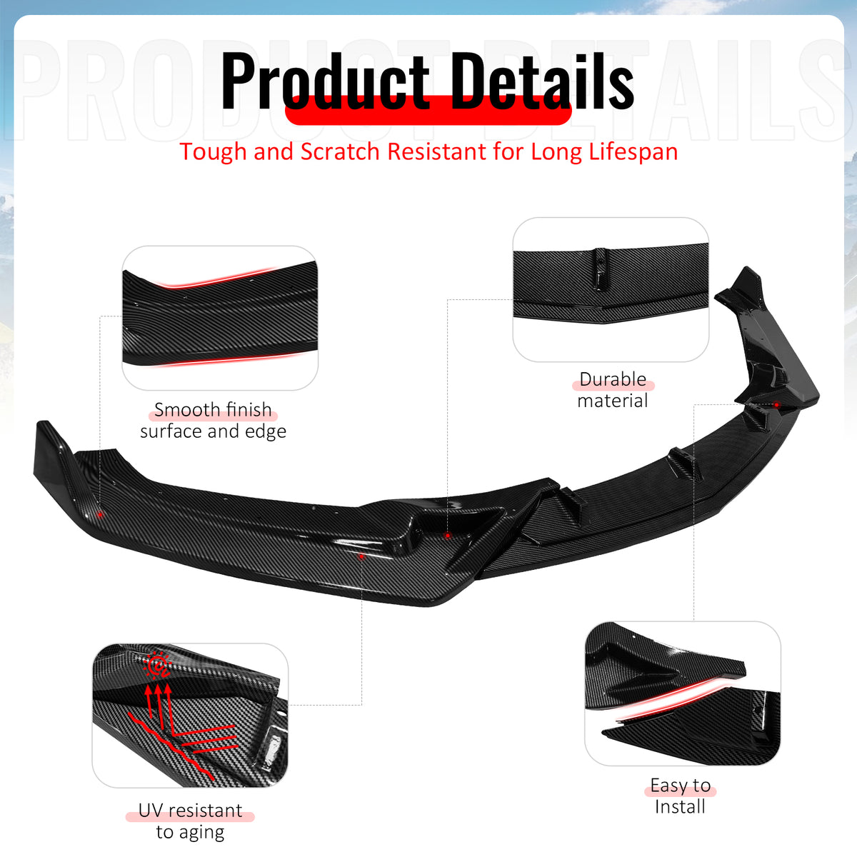 Fits 25-26 Cadillac CT5 Luxury Carbon Fiber Print Front Bumper Lip Spoiler 3PC