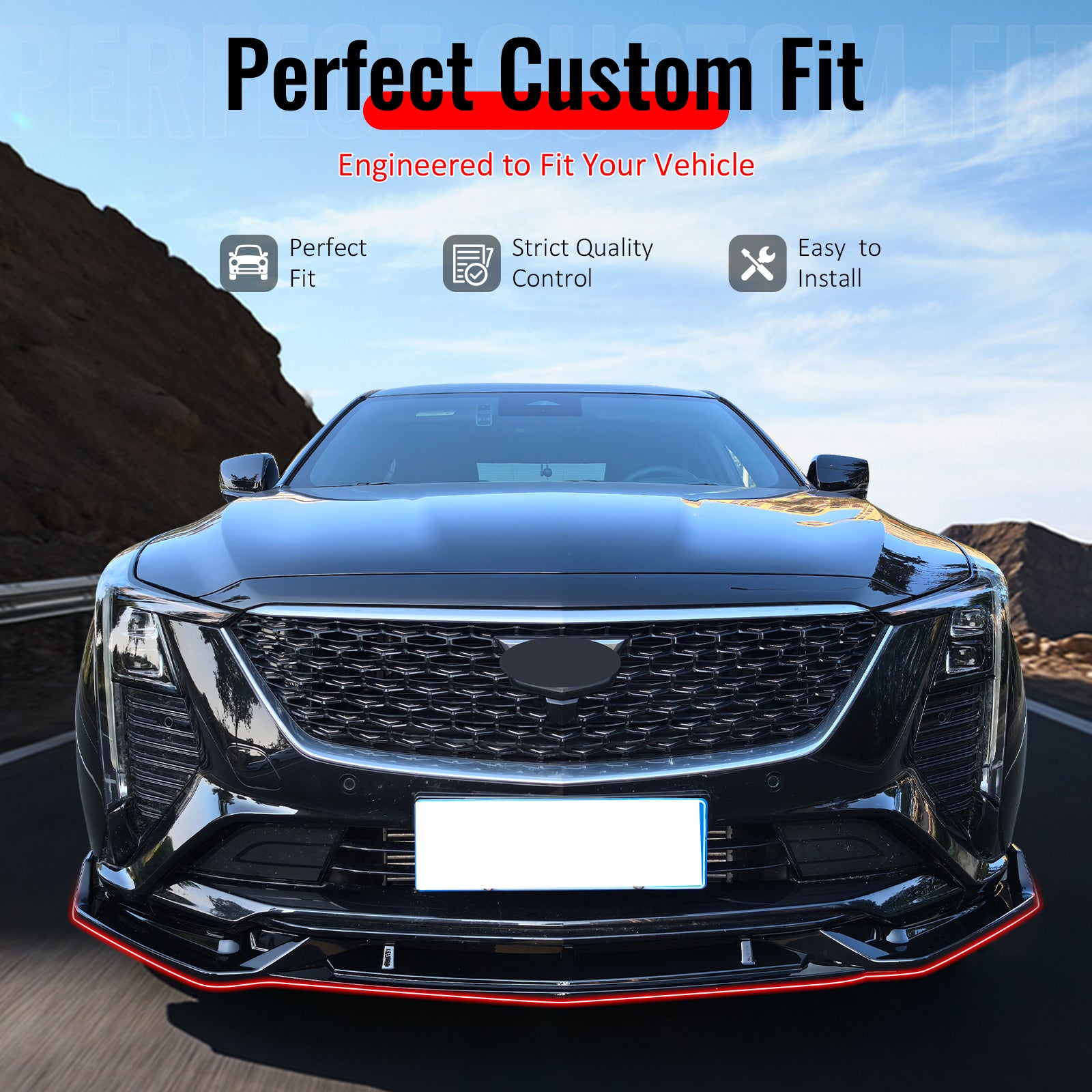 IKON MOTORSPORTS Front Bumper Lip, Compatible with 2025-2026 Cadillac CT5 Premium Luxury Trims, Matte Black PP Polypropylene Air Dam Chin Spoiler Protector Splitter 3PCS