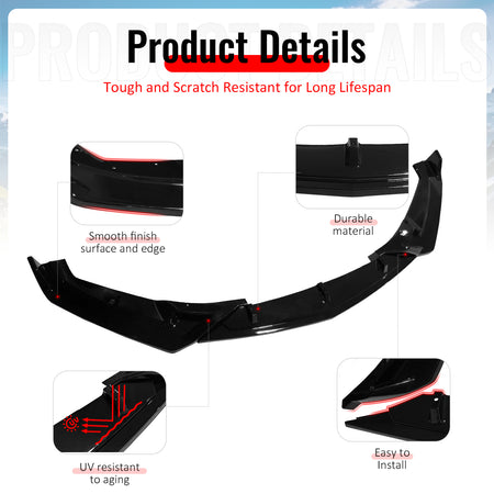 Fits 25-26 Cadillac CT5 Luxury Trim Gloss Black Front Bumper Lip Spoiler PP 3PCS