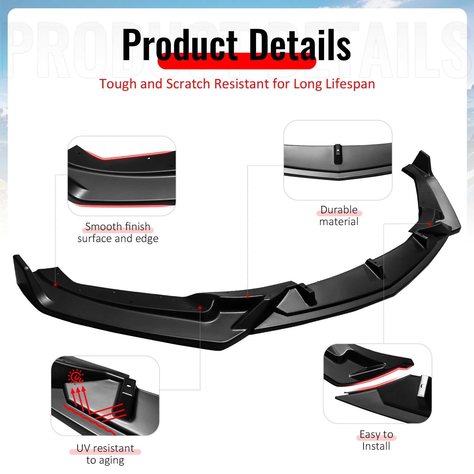Fits 25-26 Cadillac CT5 Luxury Trim Matte Black Front Bumper Lip Spoiler PP 3PCS