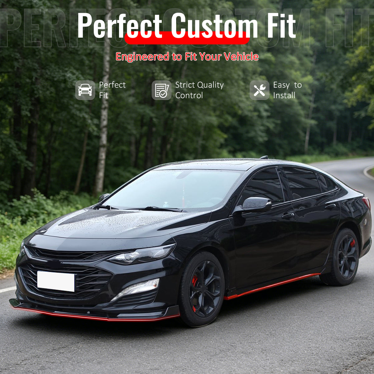 IKON MOTORSPORTS Front Bumper Lip, Compatible with 2019-2025 Chevrolet Malibu All Models, IKON Style Carbon Fiber Print PP Polypropylene Add-on Air Dam Chin Spoiler Protector Splitter 3PCS
